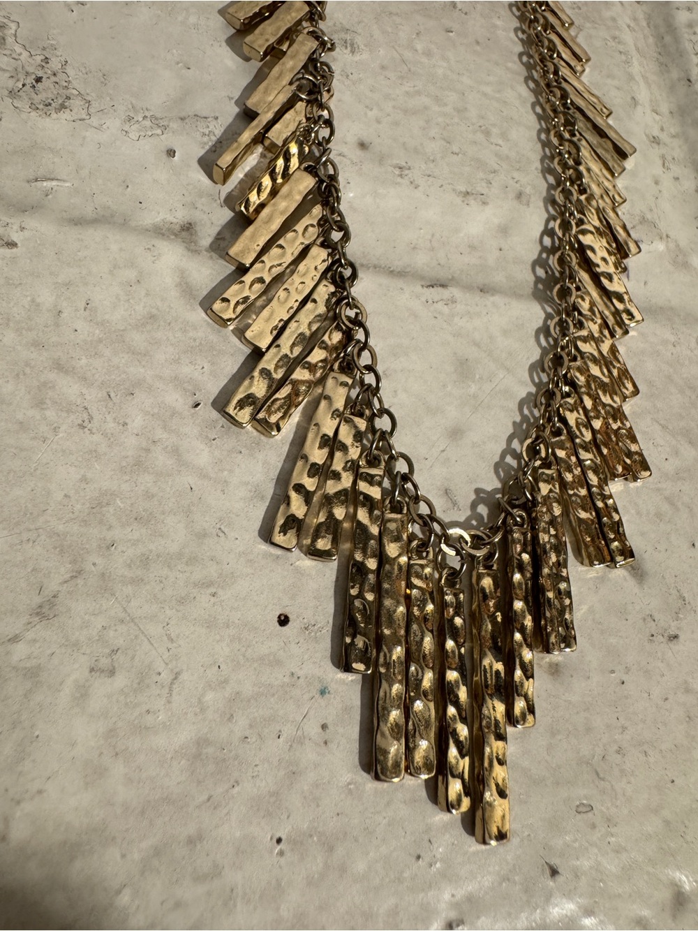 Gold Hammered Bar Statement Necklace – Layered Fringe Collar / Bib Style